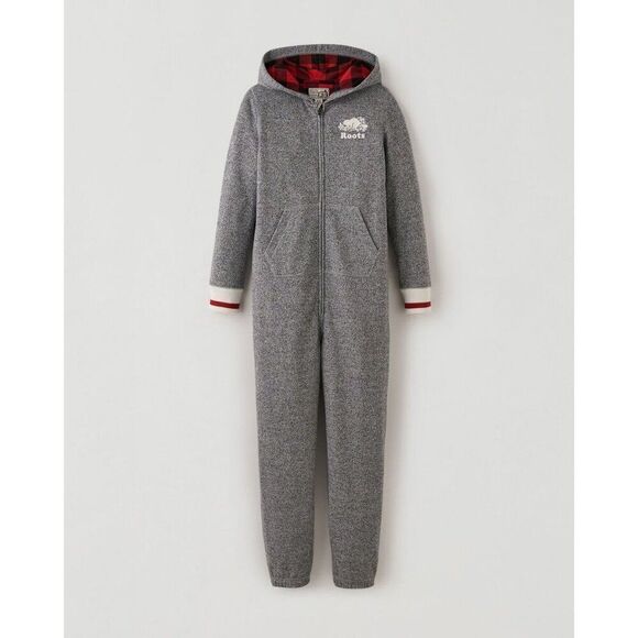 ROOTS CABIN Kids M Hooded Jumpsuit Pajamas One Piece Sleep Suit PJs Unisex Grey - Picture 1 of 8